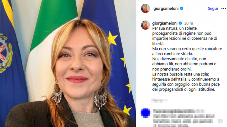 Meloni, 'propagandista di regime non pu&ograve; dare lezioni, non abbiamo padroni'