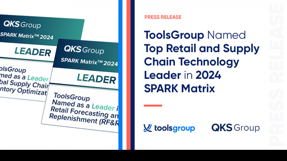 ToolsGroup wird von QKS Group in den SPARK MatrixTM-Kategorien f&uuml;r Einzelhandel und Lieferketten f&uuml;r 2024 als Technologief&uuml;hrer ausgezeichnet